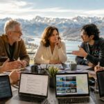 Frau im Gespräch mit vier symbolischen KI-Assistenten am Konferenztisch vor einer Alpenkulisse. Die Figuren stehen für ChatGPT, Claude, Gemini und Mistral und veranschaulichen die Unterschiede verschiedener KI-Systeme.