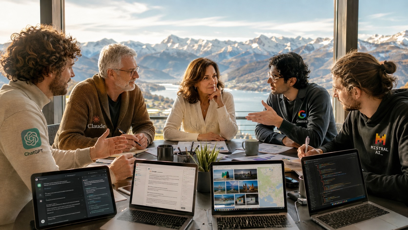 Frau im Gespräch mit vier symbolischen KI-Assistenten am Konferenztisch vor einer Alpenkulisse. Die Figuren stehen für ChatGPT, Claude, Gemini und Mistral und veranschaulichen die Unterschiede verschiedener KI-Systeme.
