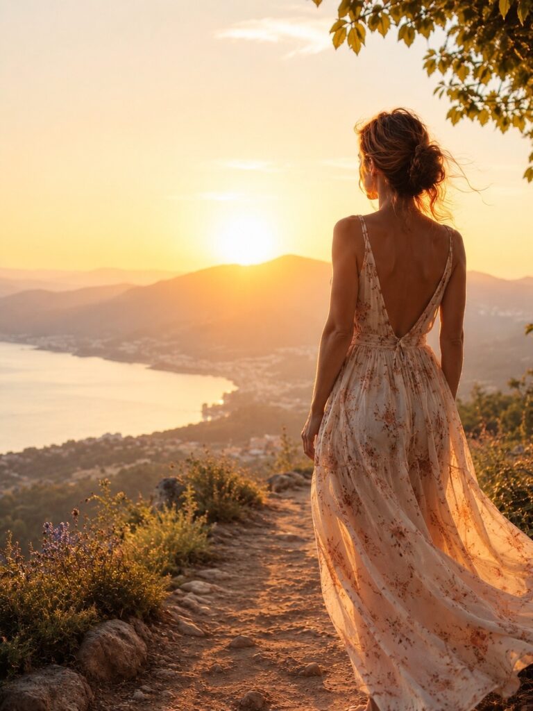 Frau im Sommerkleid bei Sonnenaufgang, inspiriert vom Gedicht „Später“ auf FrauKommPass.