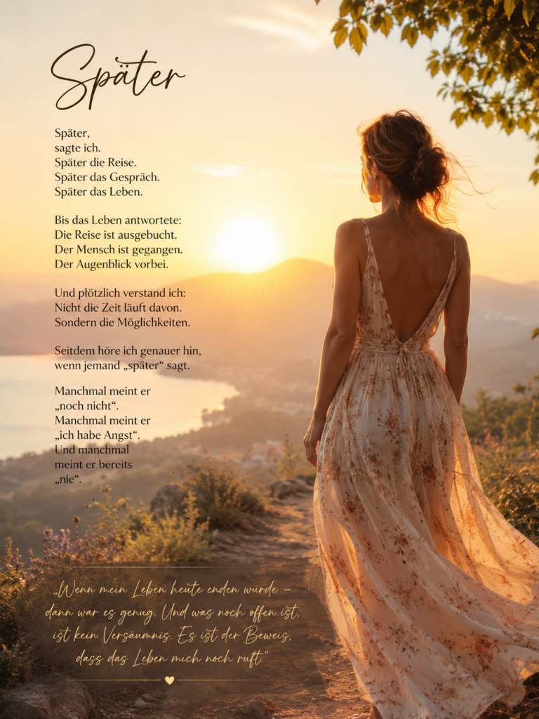 Frau in einem hellen Sommerkleid blickt bei Sonnenaufgang in die Ferne und denkt über die Vergänglichkeit von Zeit und Möglichkeiten nach.