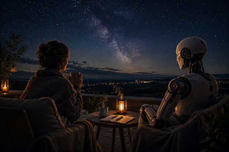 Frau Anfang 60 sitzt mit einer Tasse Kaffee und denkt über Gott, Bewusstsein, Verbundenheit und Künstliche Intelligenz nach.