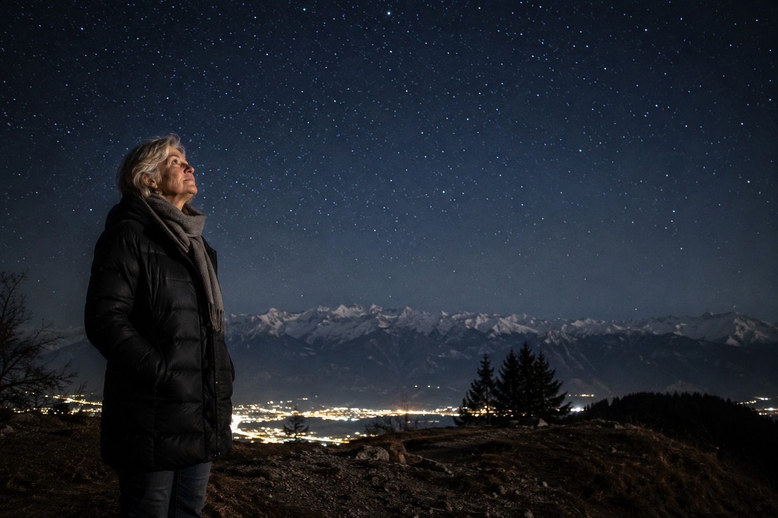 Nachdenkliche Frau blickt bei warmem Abendlicht in die Ferne und reflektiert über das Leben, Zeit, Liebe und die Frage, was am Ende wirklich zählt.
