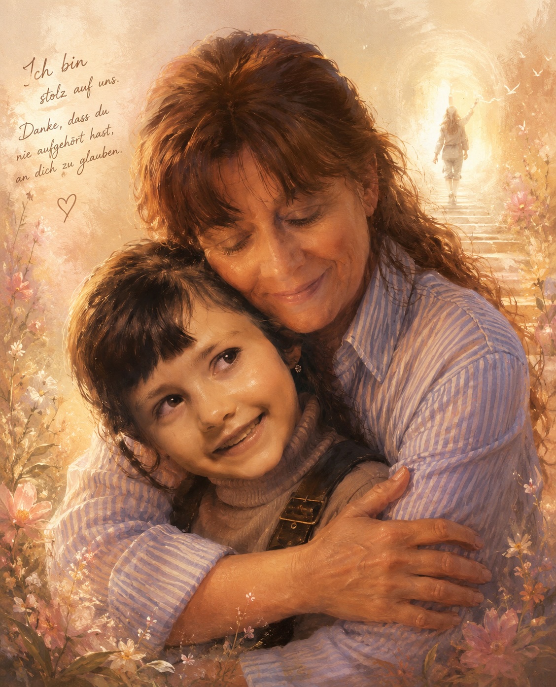 Künstlerische Darstellung einer Frau, die ihr jüngeres Selbst liebevoll umarmt. Das Bild symbolisiert Selbstannahme, Heilung, Erinnerung und die Verbindung zwischen Vergangenheit und Gegenwart.