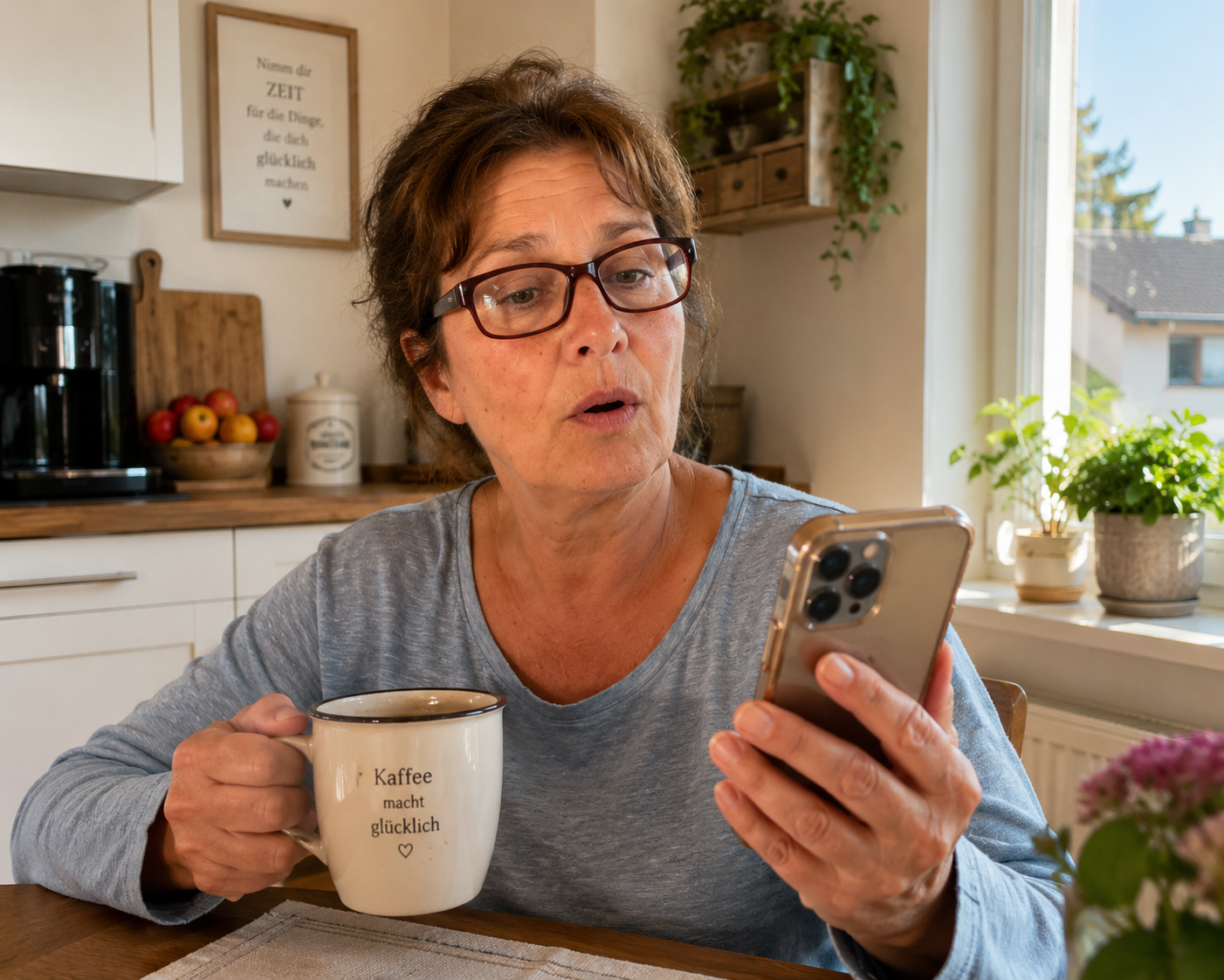 Frau sitzt mit Kaffeetasse am Küchentisch und blickt auf ihr Smartphone. Symbolbild für den bewussten Umgang mit Künstlicher Intelligenz im Alltag.