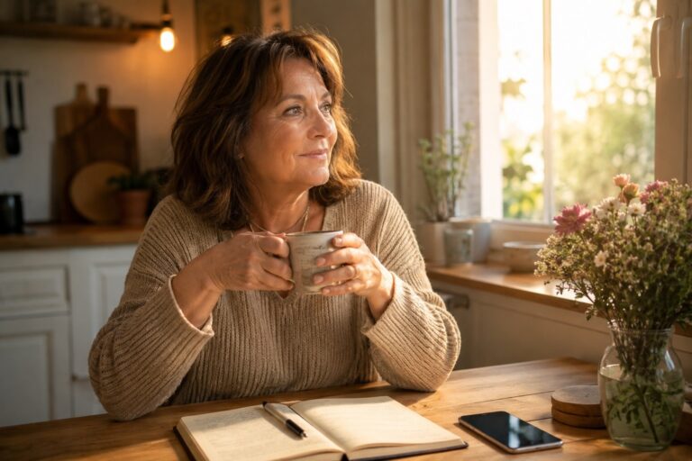 Frau sitzt mit einer Kaffeetasse am Küchentisch und blickt nachdenklich aus dem Fenster. Vor ihr liegen ein Notizbuch und ein Smartphone. Symbolbild für Selbstreflexion und den bewussten Einsatz von Künstlicher Intelligenz.