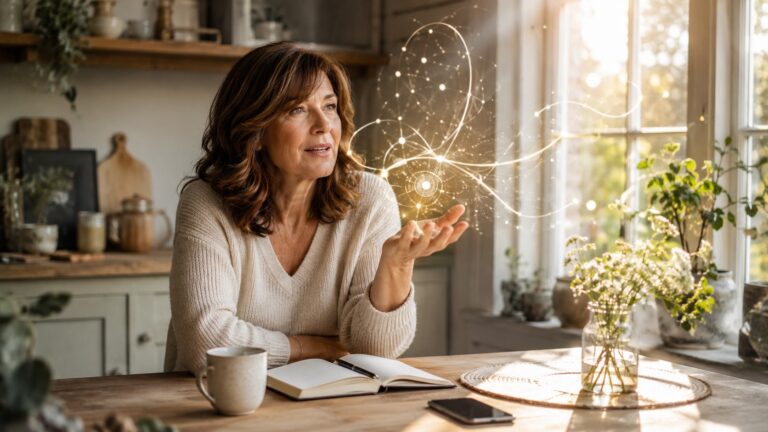Frau Anfang 60 sitzt morgens mit einer Tasse Kaffee am Küchentisch und führt ein nachdenkliches Gespräch über Künstliche Intelligenz. Warme Atmosphäre, Notizbuch und Sonnenlicht im Hintergrund.