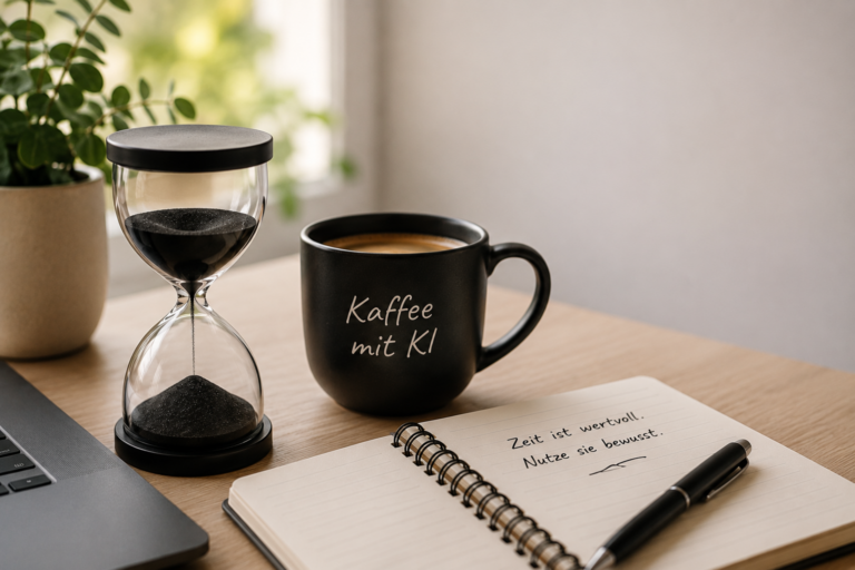 Moderne Sanduhr neben einer Kaffeetasse und einem Notizbuch. Symbolbild für den Beitrag „Zeit ist Geld oder Geld ist Zeit?“ über Lebenszeit, Geld und persönliche Prioritäten.