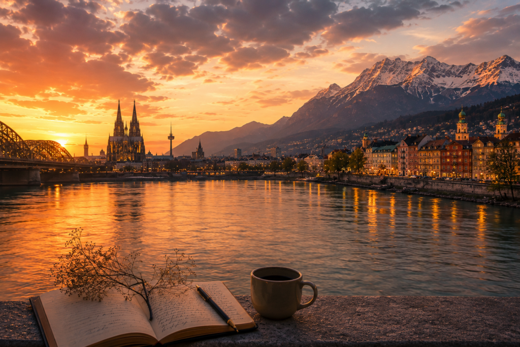 Titelbild Gedichte und Gedanken von Köln, Innsbruck, Rhein, Alpen und Schreibjournal im Abendlicht.