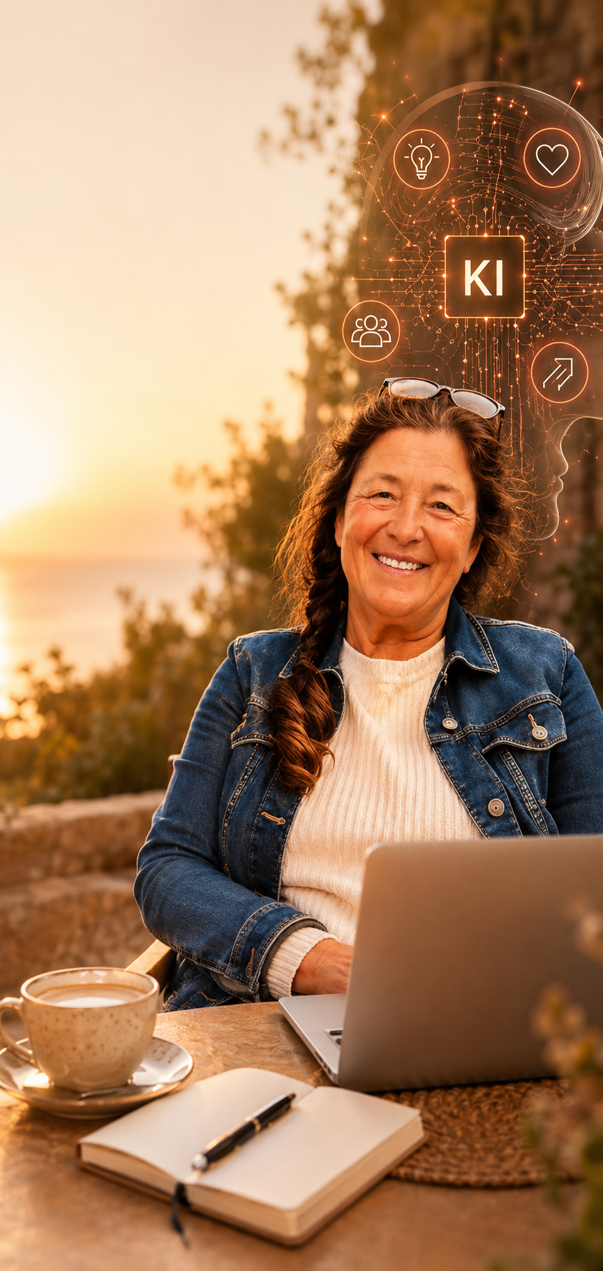 Frau mit Laptop im Abendlicht, neugierig, lernbereit und offen für Künstliche Intelligenz.