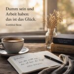 Eine Tasse Kaffee steht auf einem rustikalen Holztisch neben einem geöffneten Notizbuch und zwei Büchern von Gottfried Benn und Søren Kierkegaard. Im warmen Morgenlicht ist das Zitat „Dumm sein und Arbeit haben: das ist das Glück.“ zu lesen. Das Bild vermittelt eine ruhige, nachdenkliche Atmosphäre und lädt zum philosophischen Nachdenken über Glück und den Sinn des Lebens ein.