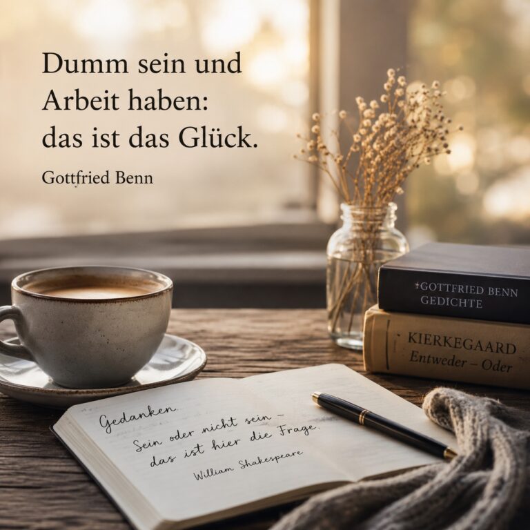 Eine Tasse Kaffee steht auf einem rustikalen Holztisch neben einem geöffneten Notizbuch und zwei Büchern von Gottfried Benn und Søren Kierkegaard. Im warmen Morgenlicht ist das Zitat „Dumm sein und Arbeit haben: das ist das Glück.“ zu lesen. Das Bild vermittelt eine ruhige, nachdenkliche Atmosphäre und lädt zum philosophischen Nachdenken über Glück und den Sinn des Lebens ein.