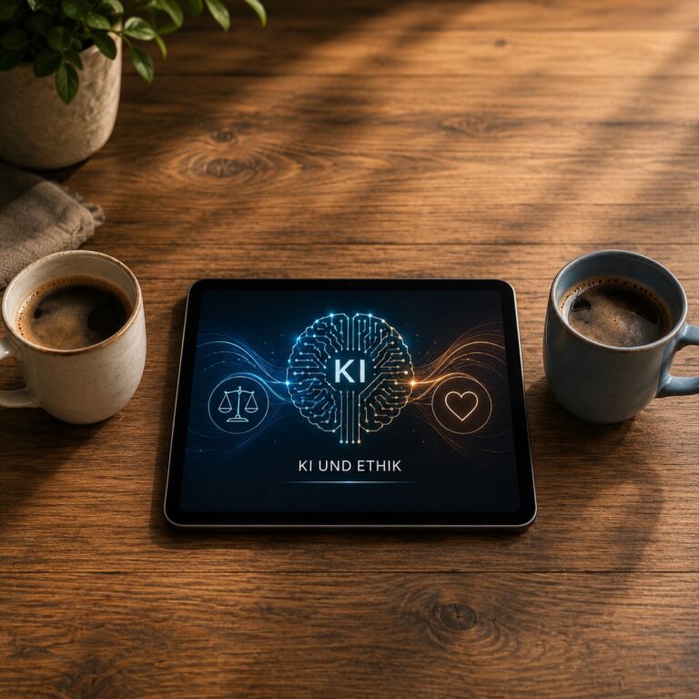 Zwei Tassen Kaffee auf einem Holztisch, zwischen ihnen ein Tablet mit abstrakten Linien als Symbol für künstliche Intelligenz