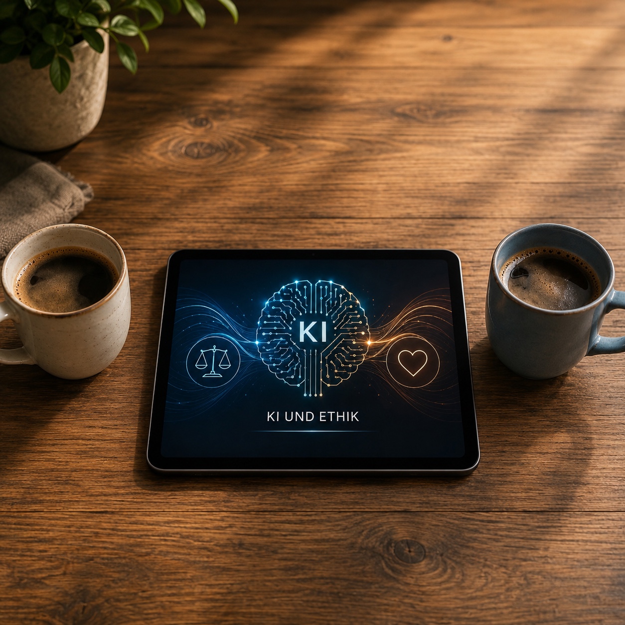 Zwei Tassen Kaffee auf einem Holztisch, zwischen ihnen ein Tablet mit abstrakten Linien als Symbol für künstliche Intelligenz